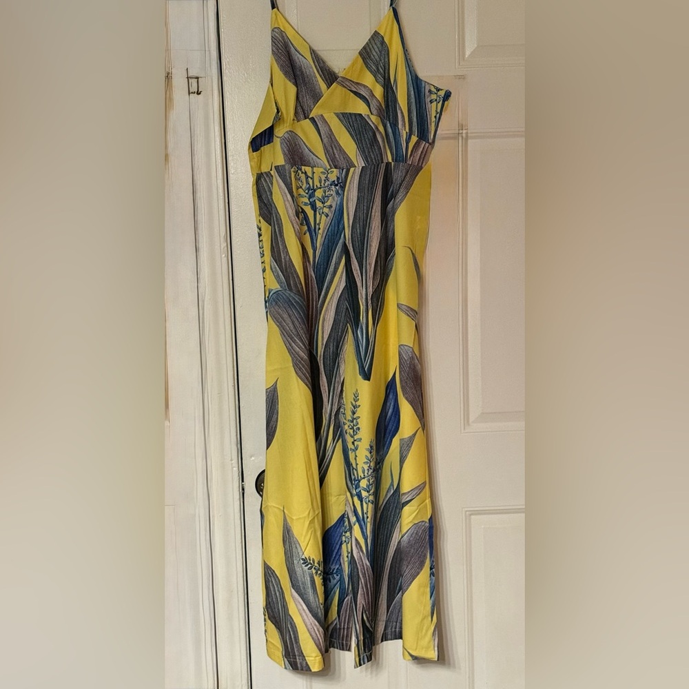 Spaghetti Strap, Yellow & Blue Leaf Print Wide Leg Jumpsuit, Size XL